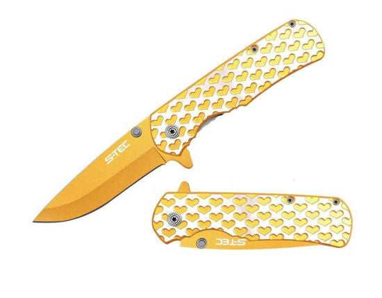 Spring assisted tactical folding knife with gold heart design, 4.25-inch blade, by Rex Distributor, Inc.
