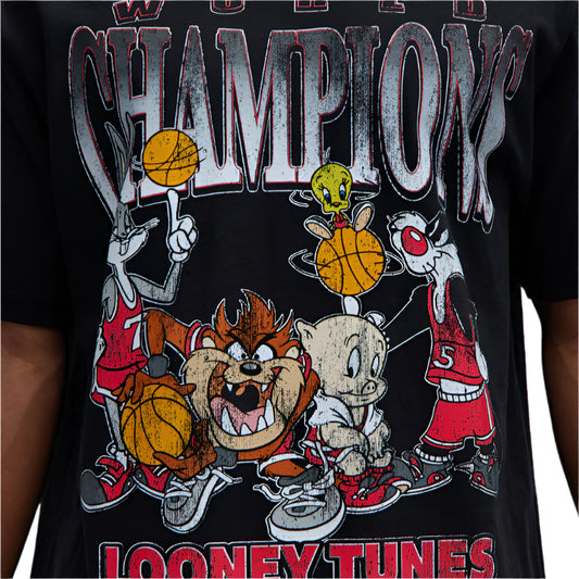 Men's Black Looney Tunes World Champions Vintage Graphic Tee T-Shirt