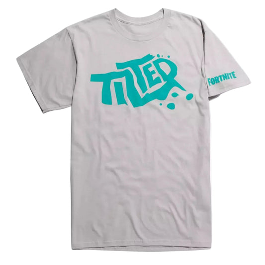 A light gray short-sleeve t-shirt featuring a large teal graphic on the front that reads 'TITLED' in a stylized font, with a smaller 'FORTNITE' logo printed on the right sleeve.