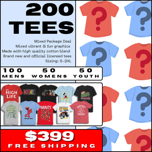 200-piece mixed graphic T-shirt package deal from Rex Distributor, Inc., featuring various styles and colors for casual wear.