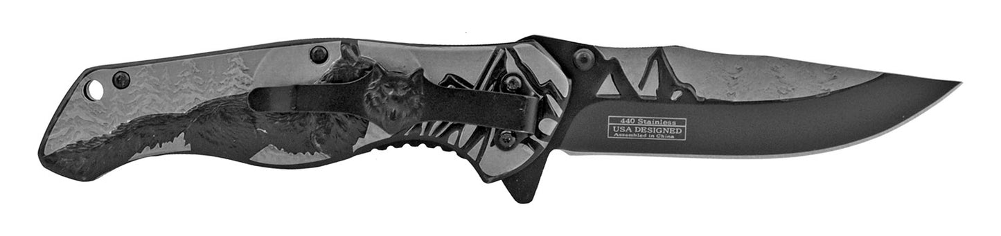 KS 3780-BK 4.75" Heavy Duty Assist-Open Black Wolf Mountain Range Folding Knife with Belt Clip