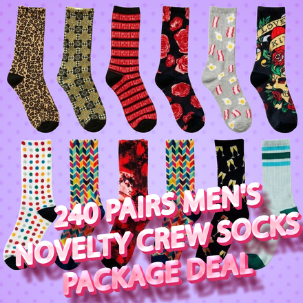 240 Pairs Men's Novelty Crew Socks Package Deal | Mixed Graphic Designs & Fun Patterns Free Shipping