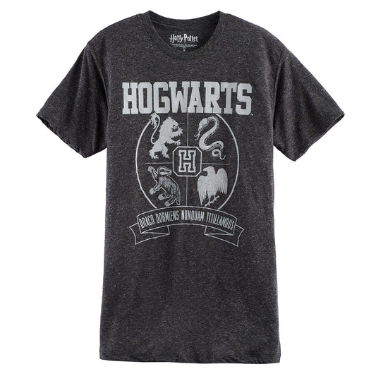 Men's Harry Potter Hogwarts Crest graphic T-shirt by Mad Engine, featuring a detailed crest design on a casual shirt.