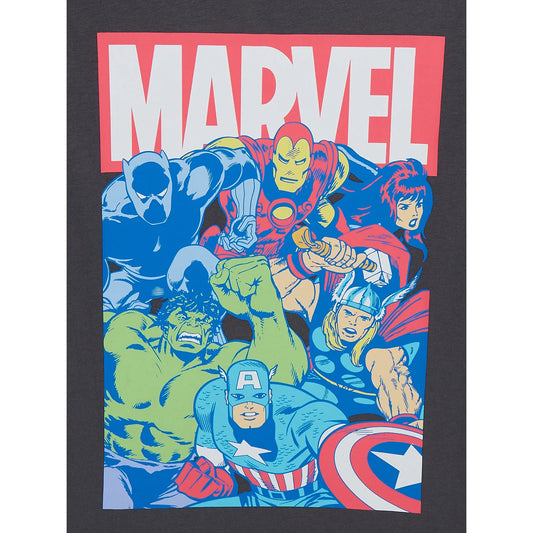 Boy's Marvel Avengers graphic T-shirt from Mad Engine with short sleeves and crew neck, featuring colorful superhero design.