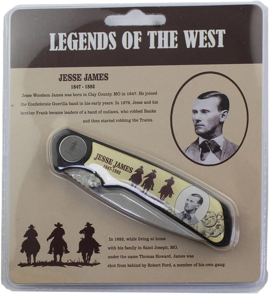 Rex Distributor Jesse James 3-inch commemorative pocket knife in blister pack, folding knife with detailed handle design.