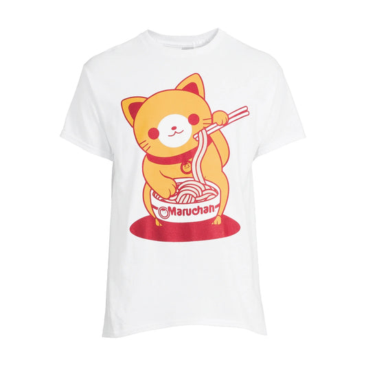 Men's White Maruchan Ramen Cat Graphic Tee T-Shirt