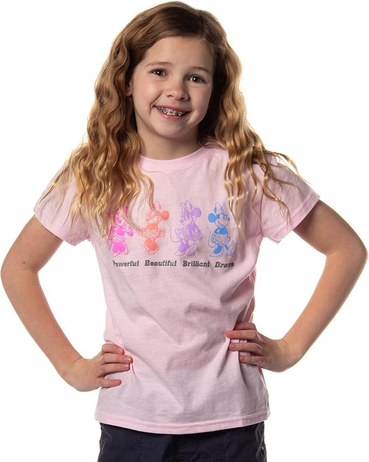 Disney Girls' Minnie Mouse Powerful Beautiful Brilliant Brave Kids Short Sleeve Crewneck T-Shirt