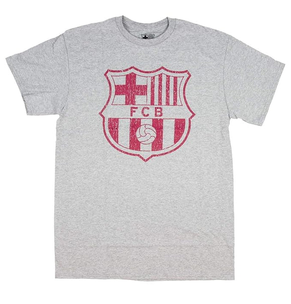 Men's Grey Heather FC Barcelona Shield Logo Distressed Graphic Tee T-Shirt