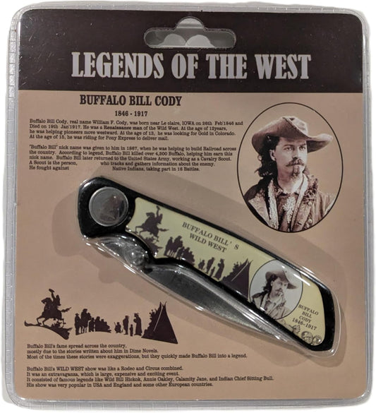 Rex Distributor Inc. KN 1962-BB Buffalo Bill Cody commemorative folding pocket knife in gift-ready blister pack with detailed handle design.