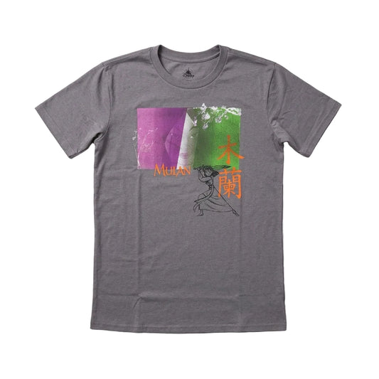 Gray t-shirt with Mulan graphic design on a light gray background with decorative flowers.