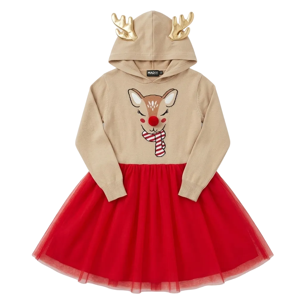 A toddler girl's holiday-themed hooded dress featuring a beige knit top with a reindeer face applique and gold antlers on the hood, paired with a voluminous red tulle skirt.