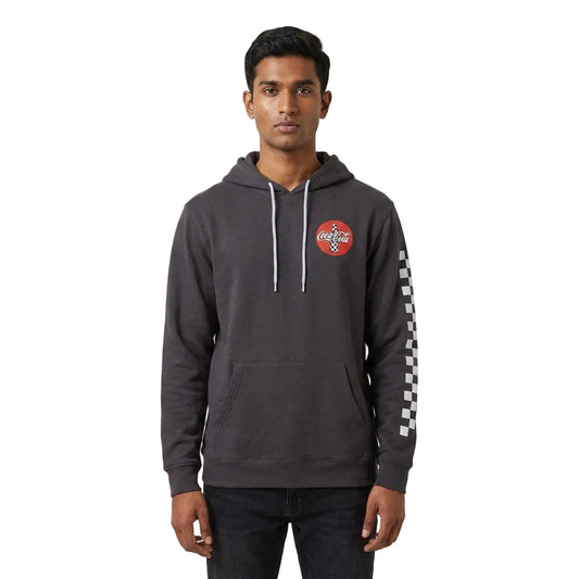 Men's Charcoal Grey Coca-Cola Checkered Design Pullover Hoodie
