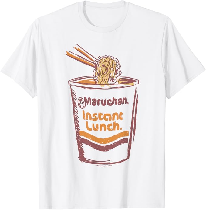 Men's Rex Distributor Inc. Maruchan Instant Lunch Ramen Cup logo T-shirt, black cotton shirt with colorful ramen graphic.