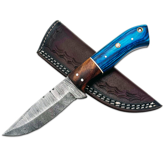 BC 800DB-BL 9" Blue Bone Collector Damascus Blade Hunting Knife with Leather Sheath