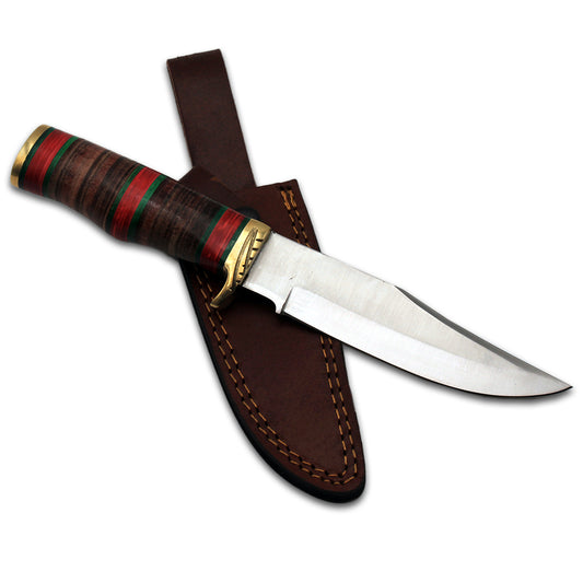 DC 809 11' Deer Creek Multicolor Stacked Leather Handle Hunting Knife with Leather Sheath