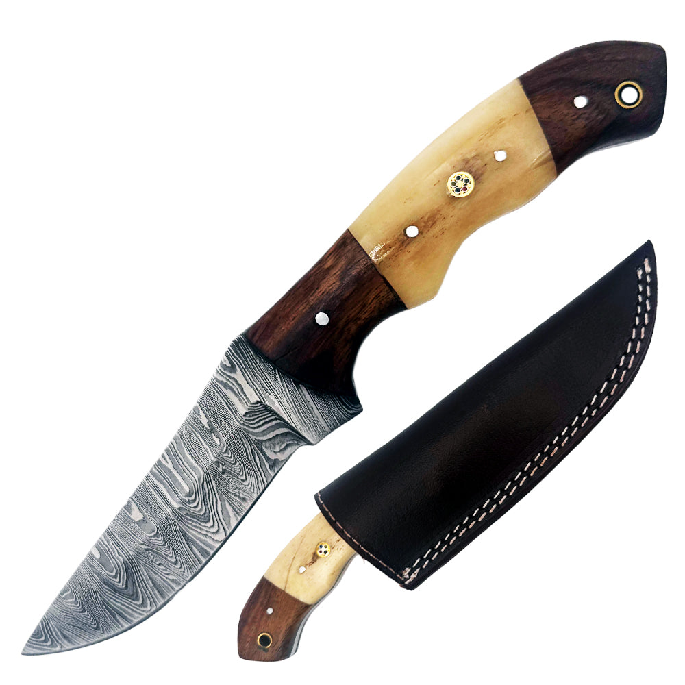 BC 826-DB 9" White & Brown Bone Collector Damascus Blade Skinning Hunting Knife with Leather Sheath
