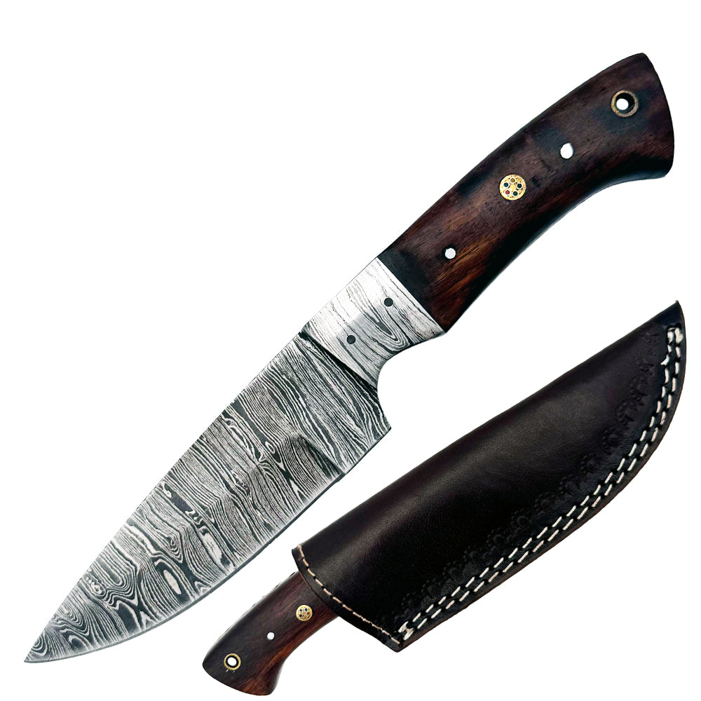 BC 828-DB 9" Brown Bone Collector Damascus Blade Hunting Knife with Leather Sheath