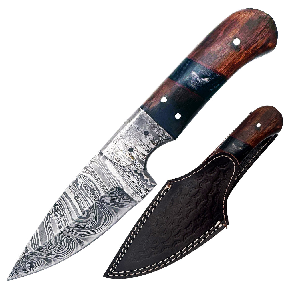 BC 833-DB 8" Wood Bone Collector Damascus Blade Hunting Knife with Leather Sheath