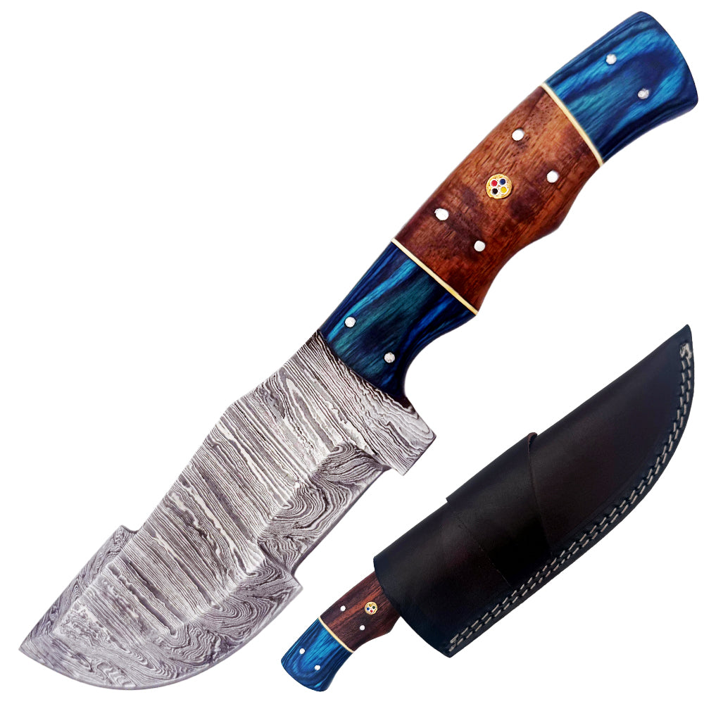 BC 834-DB 10" Blue Bone Collector Damascus Blade Hunting Knife with Leather Sheath