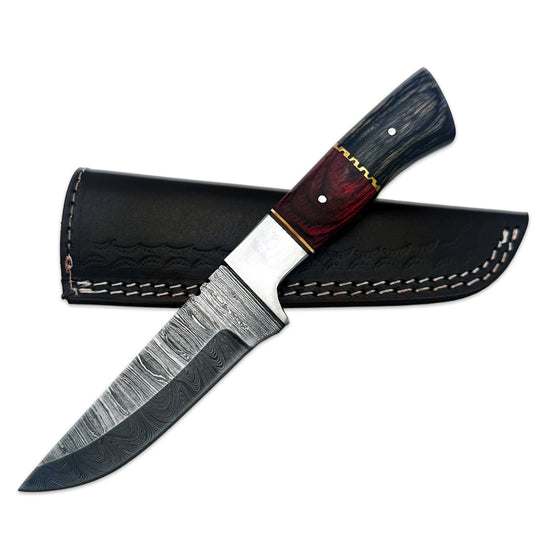 BC-835-DB 9" Black & Red Bone Collector Damascus Blade Hunting Knife with Leather Sheath