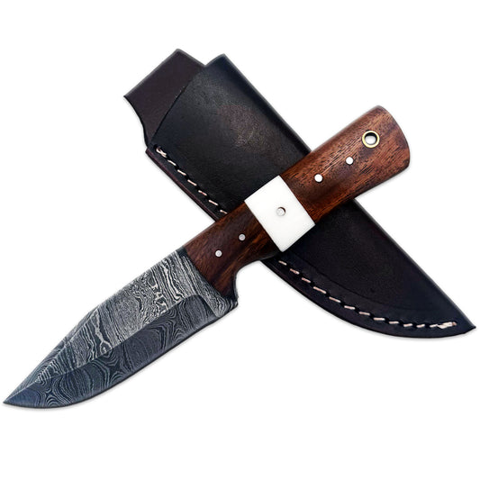 BC 836-DB 8" Wood Bone Collector Damascus Blade Hunting Knife with Leather Sheath