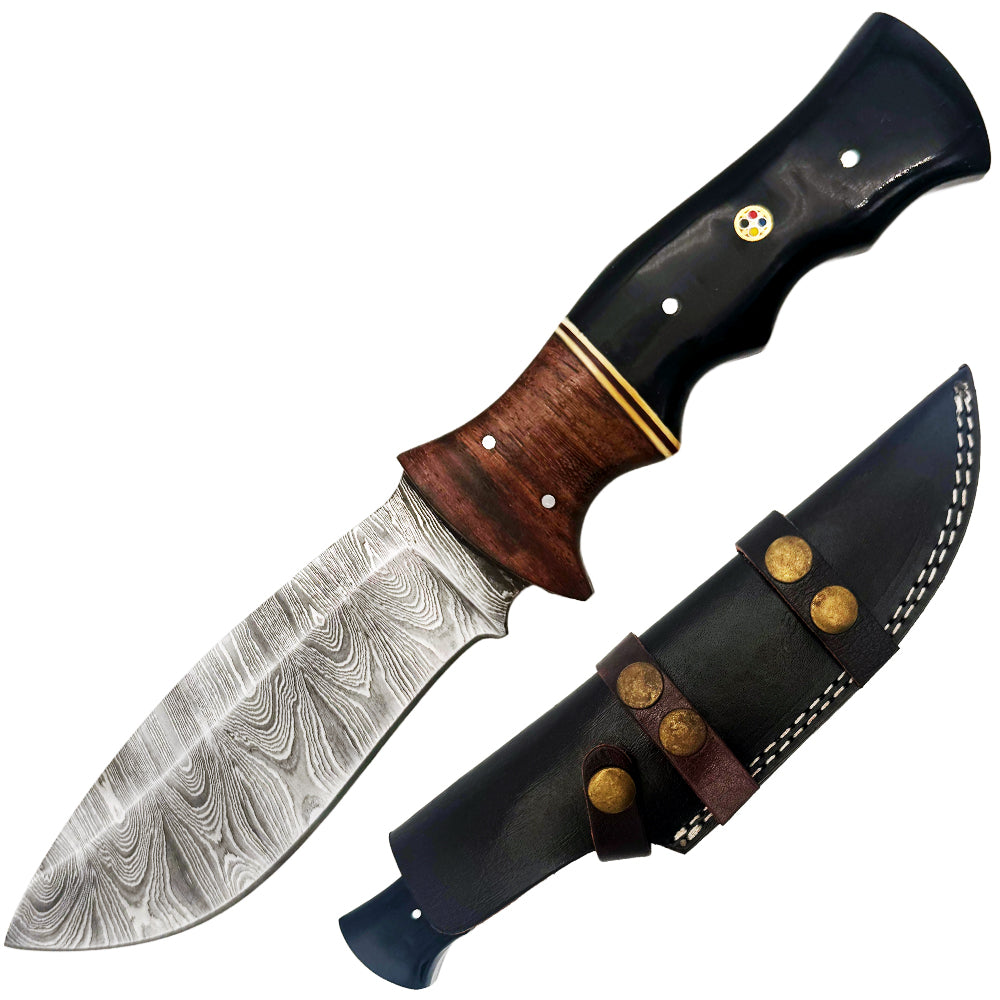 BC 837-DB 10" Wood Bone Collector Damascus Blade Hunting Knife with Leather Sheath