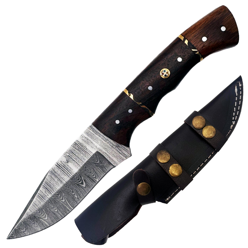 BC 838-DB 9" Wood Bone Collector Damascus Blade Hunting Knife with Leather Sheath