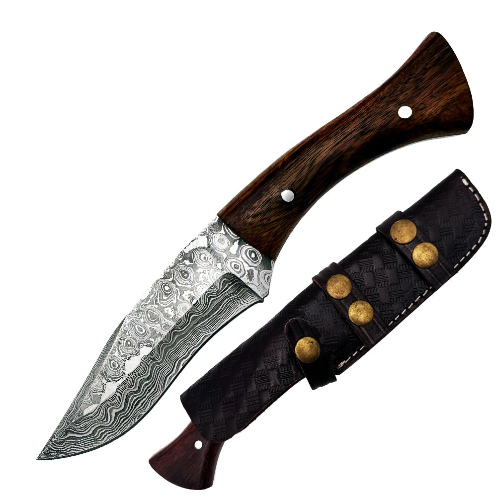 BC 839-DB 9" Wood Bone Collector Damascus Blade Hunting Knife with Leather Sheath