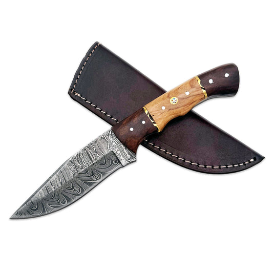 BC 840-DB 9" Mixed Wood Bone Collector Damascus Blade Hunting Knife with Leather Sheath