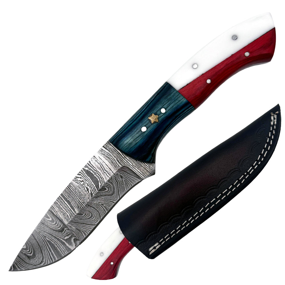 BC 841-DB 9" Texas Flag Wood Bone Collector Damascus Blade Hunting Knife with Leather Sheath