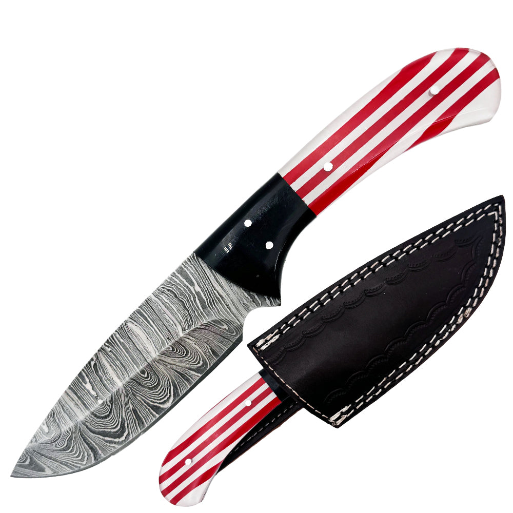 BC 842-DB 9" USA Flag Wood Bone Collector Damascus Blade Hunting Knife with Leather Sheath