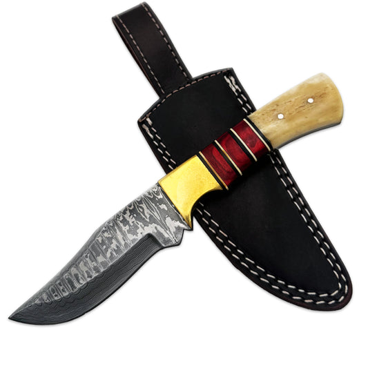 BC 843-DB 9" Brass Red Wood Bone Collector Damascus Blade Hunting Knife with Leather Sheath