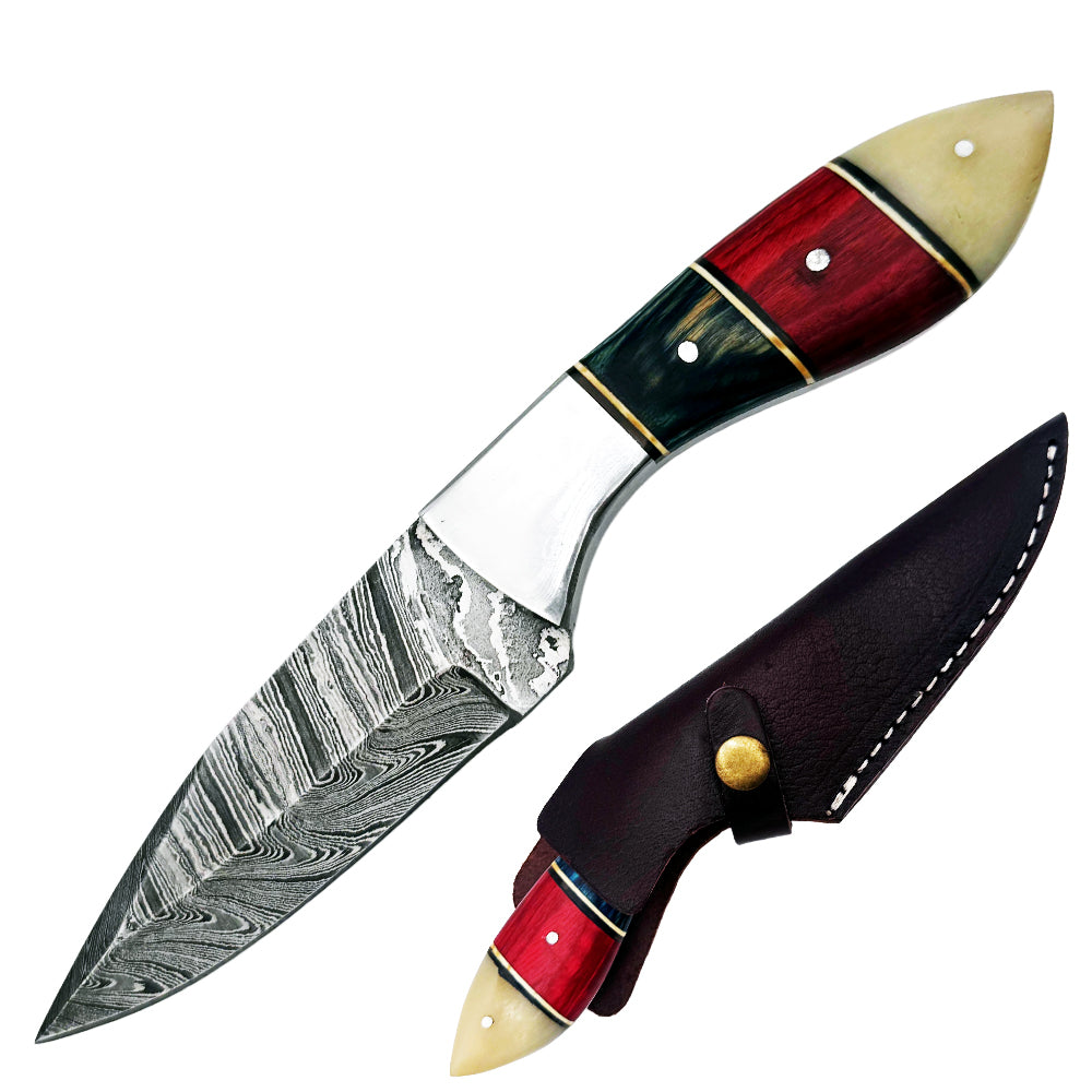BC 844-DB 9" Red, White, Blue Wood Bone Collector Damascus Blade Hunting Knife with Leather Sheath