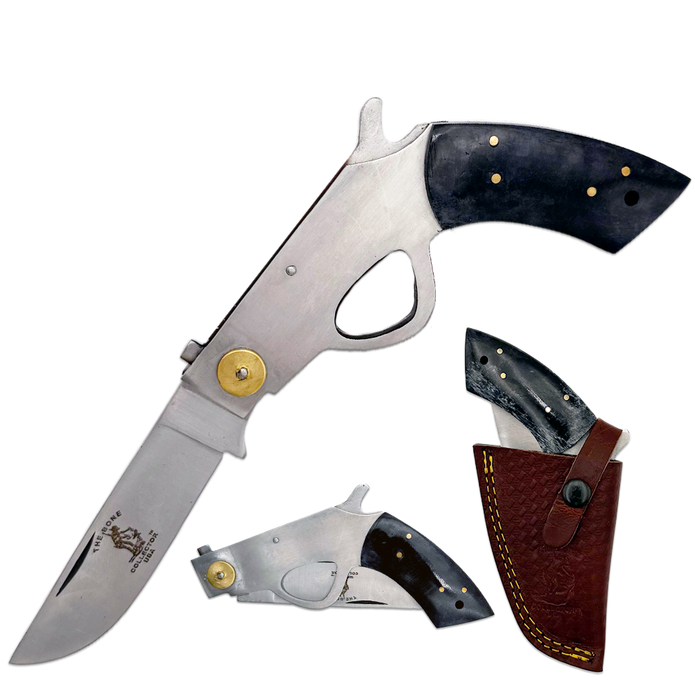 BC 868-BKBN 6" Bone Collector Black Gun-Handle Folding Knife with Leather Sheath