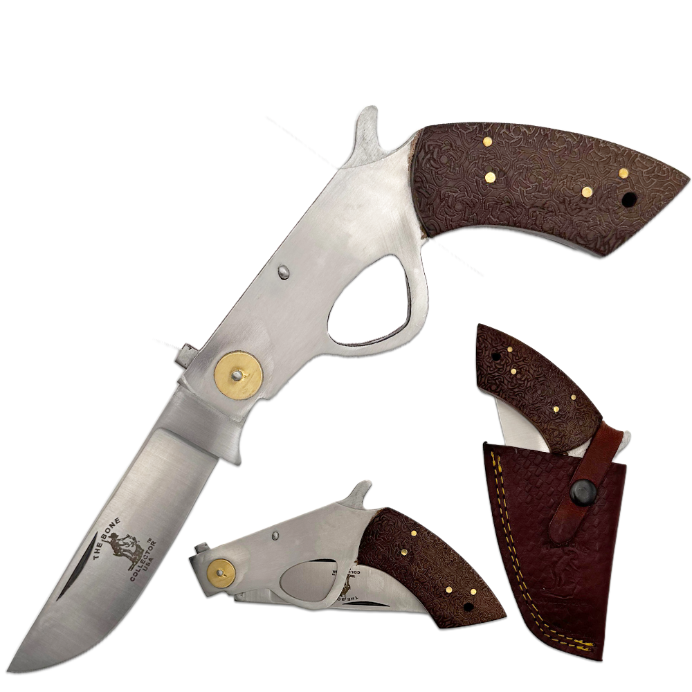 BC 868-RW 6" Bone Collector Rosewood Gun-Handle Folding Knife with Leather Sheath