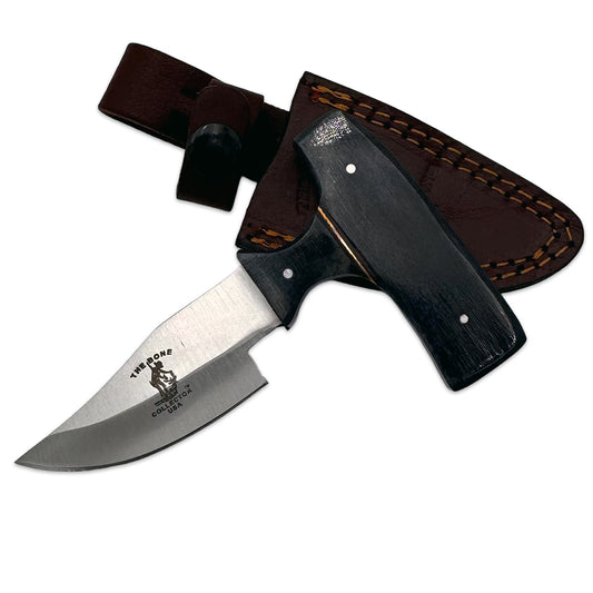 Bone Collector 5-inch black bone skinning knife with short blade and leather sheath, designed for precise game processing.