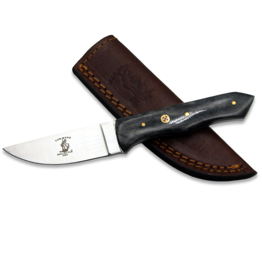 Bone Collector 8-inch black bovine bone hunting knife with leather sheath, showcasing the sturdy handle and sharp blade.