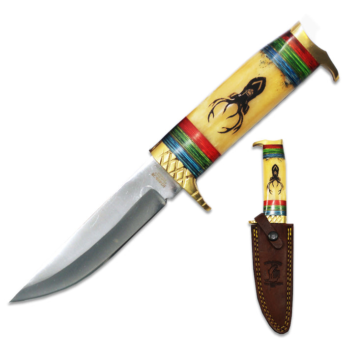 Bone Collector BC 888-DE hunting knife with deer design, bovine and brass details, leather sheath, 10.5-inch blade for outdoor hunting.