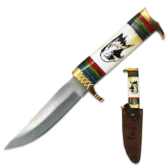 Bone Collector BC 888-EA hunting knife with eagle bone collector design, brass accents, and leather sheath.