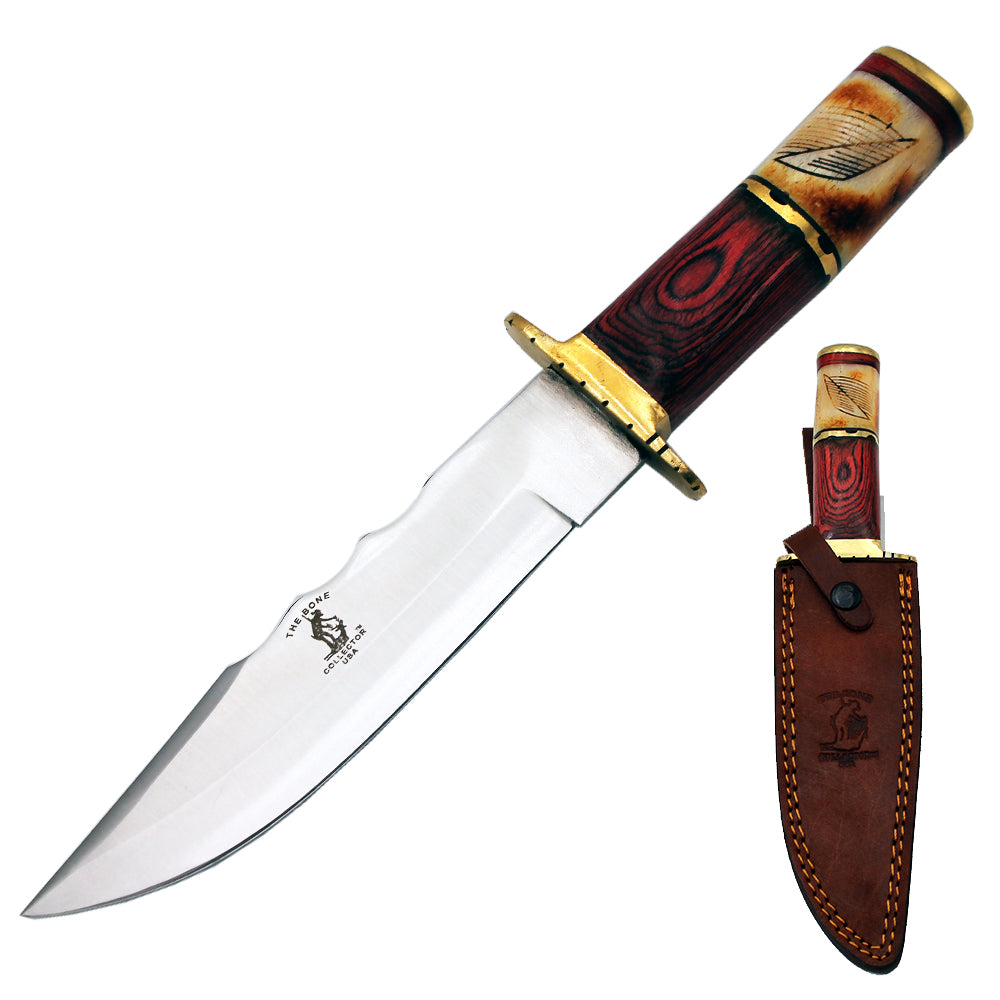 BC 890 12.25" Bone Collector Bone & Spanish Wood Handle Hunting Knife with Leather Sheath