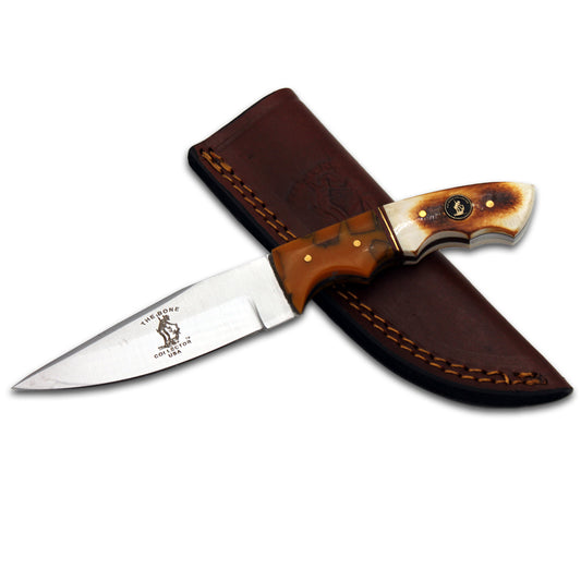 BC 896-B 8" Bone Collector Burn Bone & Resin Handle Hunting Knife with Leather Sheath
