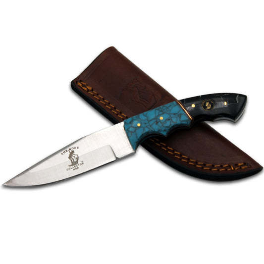 BC 896-D 8" Bone Collector Black & Turquoise Resin Handle Hunting Knife with Leather Sheath