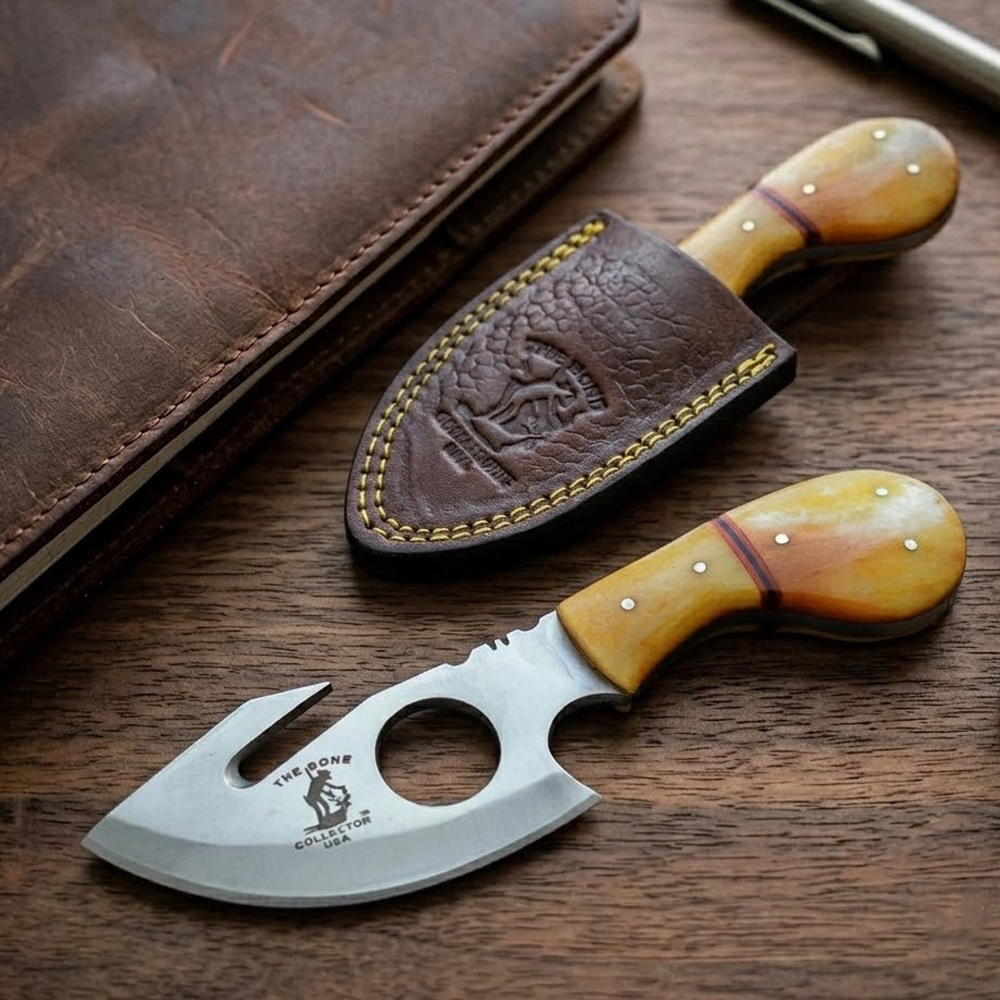 BC 794-YWBN 7' Bone Collector Yellow Bone Handle Skinning Knife with Gut Hook