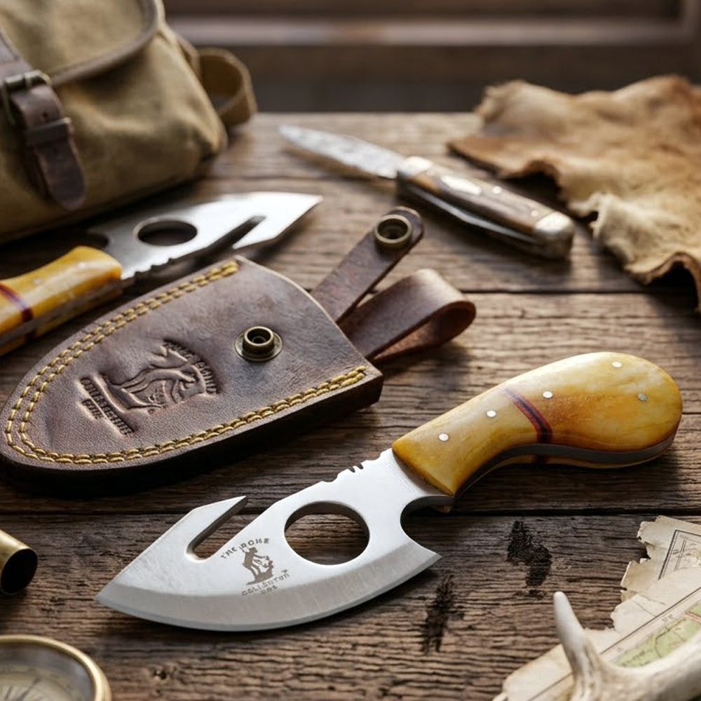 BC 794-YWBN 7' Bone Collector Yellow Bone Handle Skinning Knife with Gut Hook