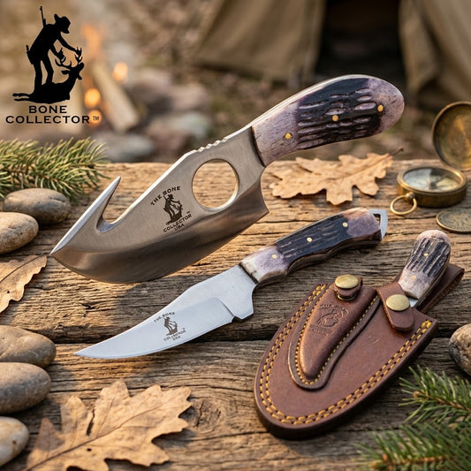 BC 859-BN 2PCS Hunting Knife Set 7" Bone Collector Bone Handle Knives with Leather Sheath