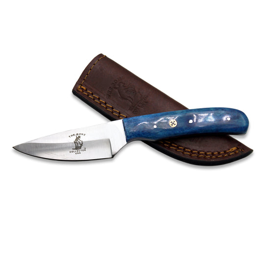 Bone Collector 8-inch blue bovine bone handle hunting knife with leather sheath, durable outdoor hunting tool.