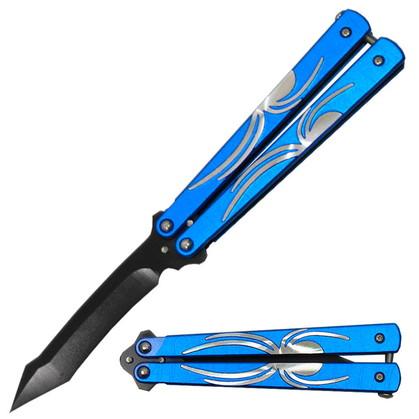 BF 1695-BL 5" Blue Spider Metal Handle Dull Blade Butterfly Trainer