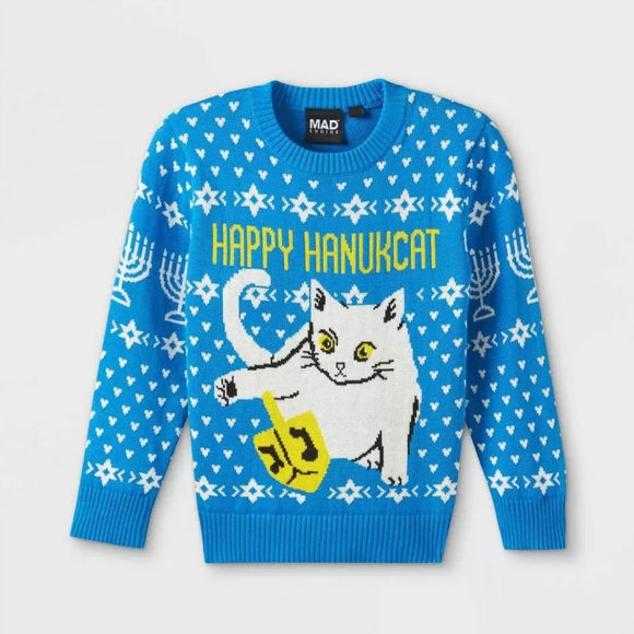 Infant Toddlers Boys Girls Blue Toddler Happy Hanukkah Cat hanukcat ugly Sweater Pullover