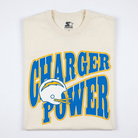 Men's Los Angeles Chargers Starter retro T-shirt featuring Charger Power graphic in vibrant colors.