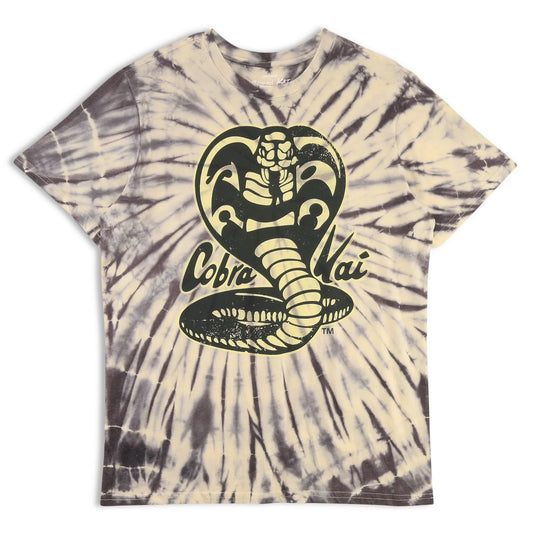 A men's short-sleeved tie-dye t-shirt with a yellow and black color scheme, featuring a 'Cobra Kai' logo in the center.